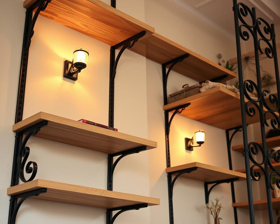Open shelving with wrought iron brackets
