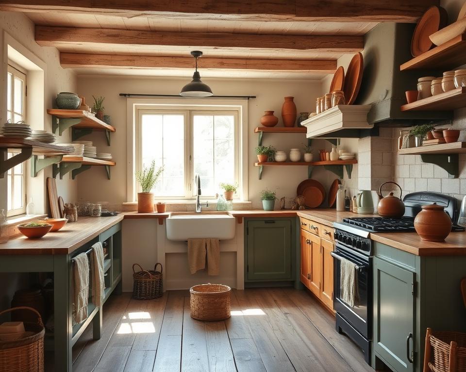 Vintage farmhouse kitchen with open shelving