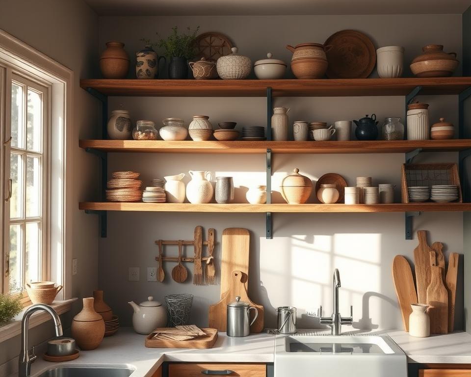 farmhouse kitchen open shelving organization