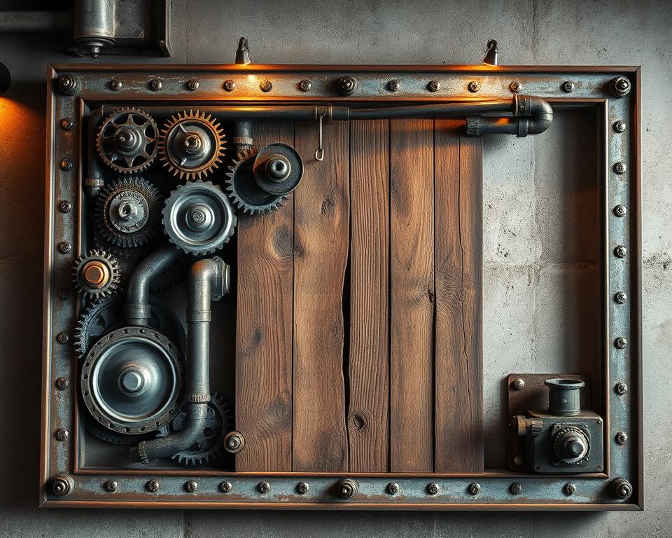 industrial metal and wood wall decor