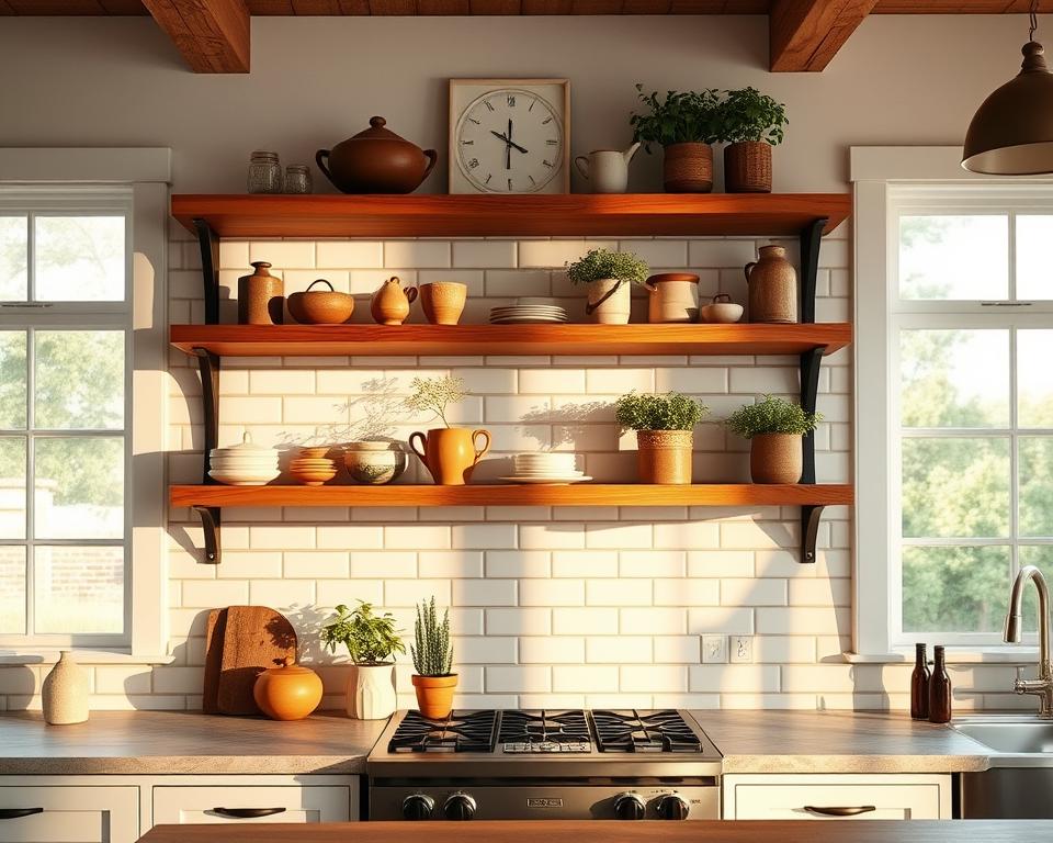 kitchen backsplash with open shelves