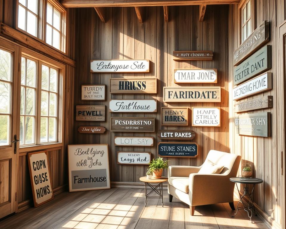 wooden farmhouse interior decor with wall signs